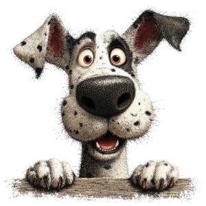 May include: A cartoon illustration of a Dalmatian dog with a surprised expression. The dog has black spots, large brown eyes, and is holding onto a wooden plank with its paws. The dog's mouth is open, revealing its tongue.