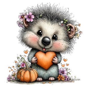 May include: A fluffy hedgehog illustration with large dark eyes and pink cheeks, holding a smooth orange heart. The hedgehog is adorned with small purple and white flowers on its head and is positioned next to a round orange pumpkin with flowers.
