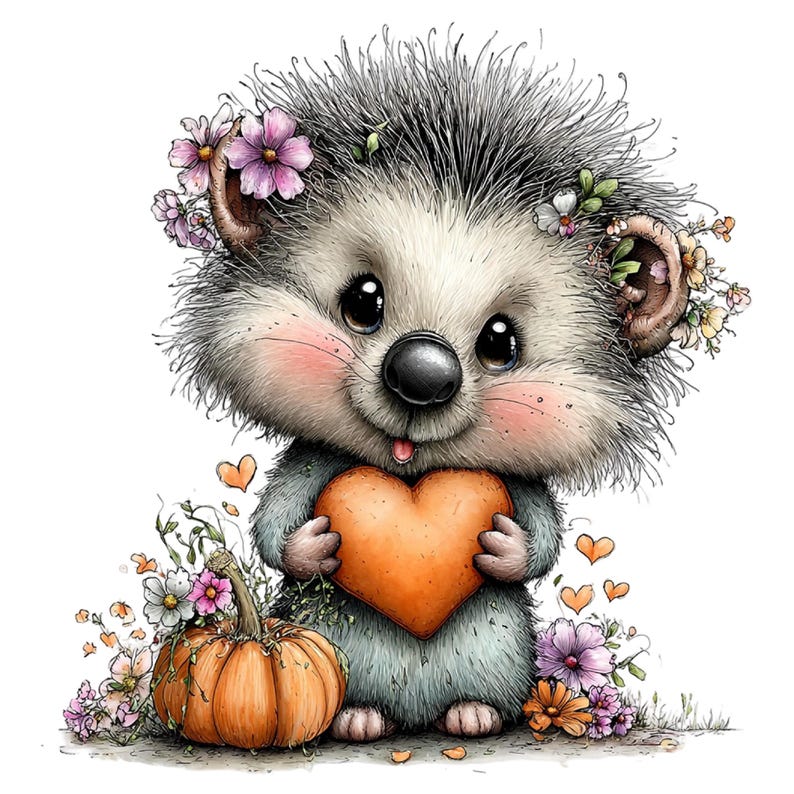 May include: A fluffy hedgehog illustration with large dark eyes and pink cheeks, holding a smooth orange heart. The hedgehog is adorned with small purple and white flowers on its head and is positioned next to a round orange pumpkin with flowers.