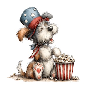 Puede incluir: Ilustraci&oacute;n en acuarela de un perro con sombrero de copa y bufanda patri&oacute;ticos, sentado junto a un cubo de palomitas de ma&iacute;z a rayas rojas y blancas. El perro tiene pelaje marr&oacute;n y blanco y una huella de pata roja.