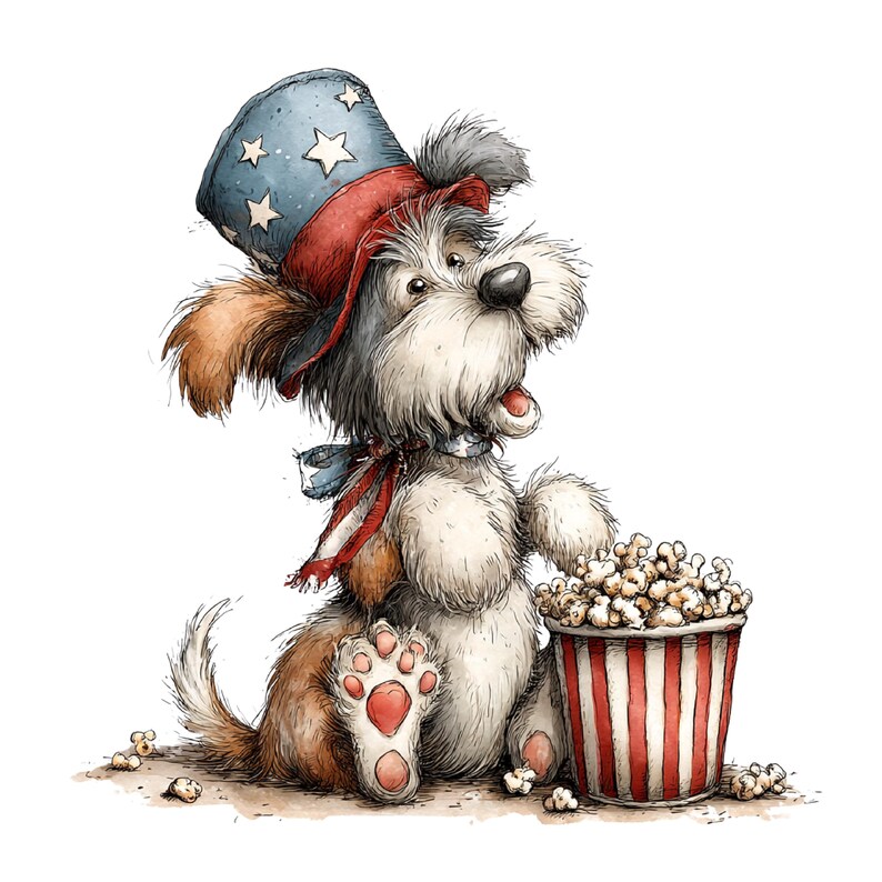 Puede incluir: Ilustraci&oacute;n en acuarela de un perro con sombrero de copa y bufanda patri&oacute;ticos, sentado junto a un cubo de palomitas de ma&iacute;z a rayas rojas y blancas. El perro tiene pelaje marr&oacute;n y blanco y una huella de pata roja.