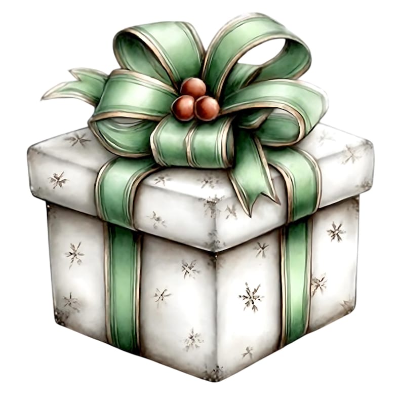 May include: A watercolor illustration of a square gift box. The box is white with a snowflake pattern and green ribbon. The ribbon is tied in a large bow on top, with three small red berries in the center.