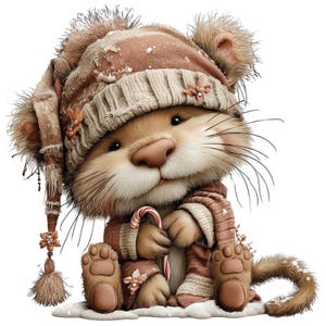Op de afbeelding: Een grillige illustratie van een kat met een wintermuts, sjaal en wanten, die een zuurstok vasthoudt. De kat is afgebeeld in bruin- en beigetinten, met een pluizige muts en een vrolijke uitdrukking. De afbeelding heeft een feestelijk, vakantiethema.