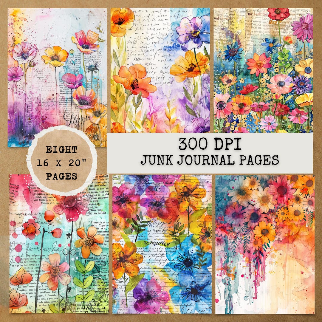 junkjournal【fleur】 8 JPG Rainbow Floral Junk Journal Pages,digital Download,junk