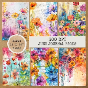 8 JPG Rainbow Floral Junk Journal Pages,Digital Download,Junk journal kit,Digital papers,Junk Journal Papers,Printable Junk Journal