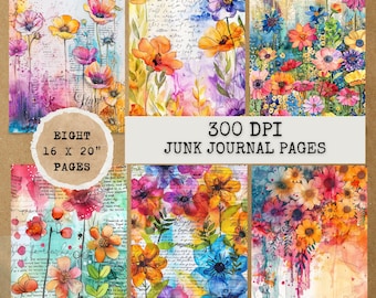 8 JPG Rainbow Floral Junk Journal Pages,Digital Download,Junk journal kit,Digital papers,Junk Journal Papers,Printable Junk Journal