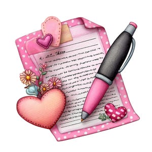 May include: A pink polka-dotted notepad with a handwritten letter, a black and pink pen, and decorative hearts and flowers. The notepad has a pink heart-shaped embellishment and a small piece of paper.