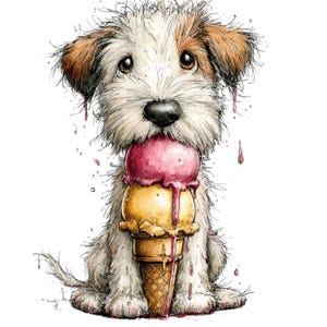 May include: A watercolor illustration of a small, fluffy dog with brown and white fur, eating a two-scoop ice cream cone. The top scoop is pink, the bottom is yellow, and both are melting. The dog has big, brown eyes and a black nose.