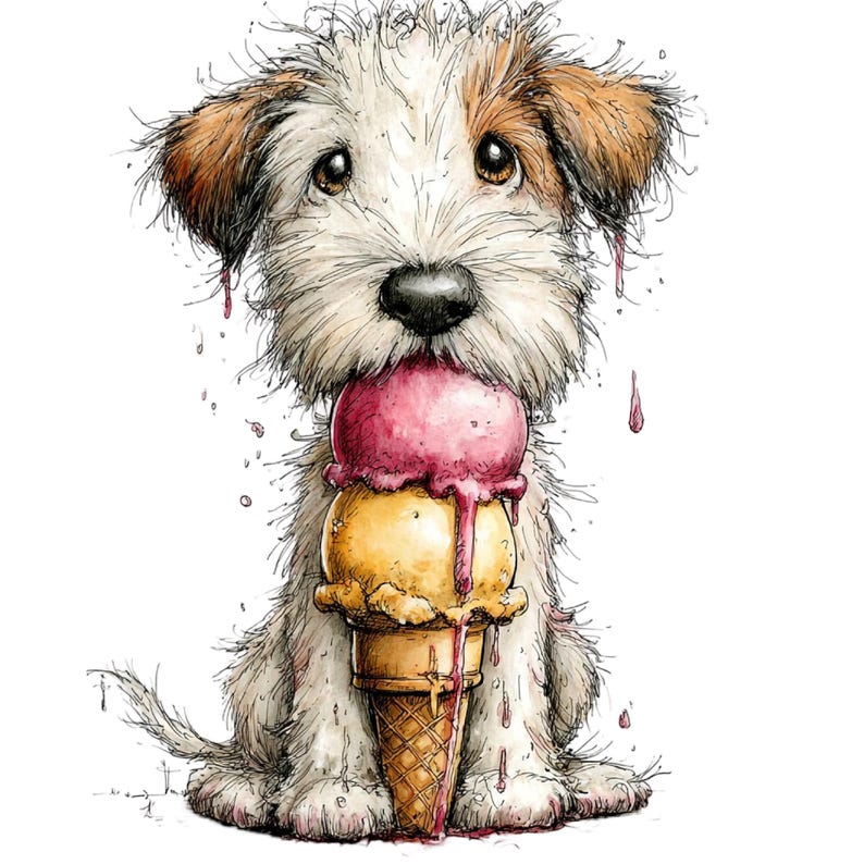 May include: A watercolor illustration of a small, fluffy dog with brown and white fur, eating a two-scoop ice cream cone. The top scoop is pink, the bottom is yellow, and both are melting. The dog has big, brown eyes and a black nose.