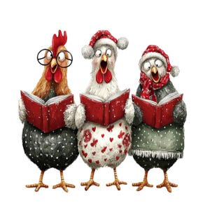 May include: Three cartoon chickens singing carols, each holding a red book. One chicken wears glasses, another a Santa hat, and the third a Santa hat and scarf. The chickens have black and white speckled, and white bodies. The image has a white background.