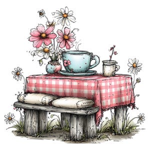 Può includere: Un'illustrazione stravagante di un servizio da tè. Una tazza da tè azzurra con un motivo floreale è appoggiata su un piattino su una tovaglia a scacchi rossa e bianca. Un vaso di fiori rosa e bianchi e una piccola panca completano la scena.