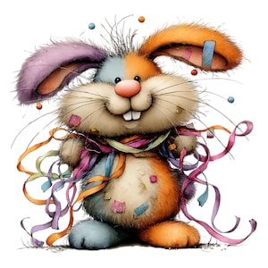 May include: A whimsical illustration of a smiling bunny with a patchwork design. The bunny features orange, purple, and blue fur, a pink nose, and long whiskers. Colorful ribbons and confetti surround the bunny, creating a festive and cheerful vibe.