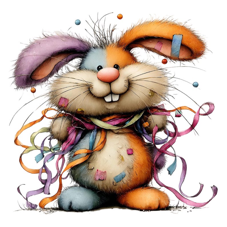 May include: A whimsical illustration of a smiling bunny with a patchwork design. The bunny features orange, purple, and blue fur, a pink nose, and long whiskers. Colorful ribbons and confetti surround the bunny, creating a festive and cheerful vibe.