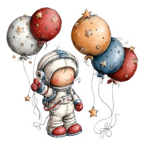 May include: A cartoon illustration of an astronaut in a white suit with red gloves and boots, holding strings attached to five balloons. The balloons are colored red, white, blue, and orange, each decorated with small gold star patterns.