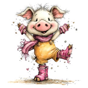 May include: A cheerful cartoon pig illustration. The pig is wearing a yellow jumpsuit, pink scarf, and pink boots. It has its arms raised and is smiling. The image has a whimsical, hand-drawn style with hearts and flowers.