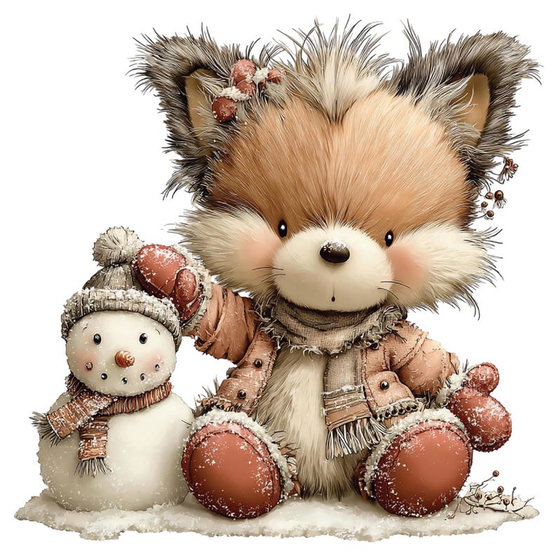 Op de afbeelding: Een grillige illustratie van een vosachtig personage en een sneeuwpop. De vos draagt winterkleding, waaronder een jas, sjaal en wanten. De sneeuwpop heeft een hoed en een sjaal. Beide tegen een besneeuwde achtergrond, met een winterthema.
