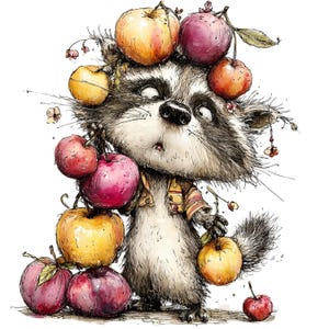 May include: A whimsical illustration of a raccoon with a surprised expression, balancing a stack of colorful apples. The raccoon is wearing a small vest and holding more apples, with a few atop its head. The apples are red, yellow, and purple.