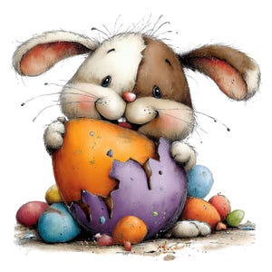 May include: A watercolor illustration of a cartoon bunny holding a cracked orange and purple Easter egg. The bunny has brown and white fur, pink cheeks, and a red nose. Several colorful eggs are scattered around the base.