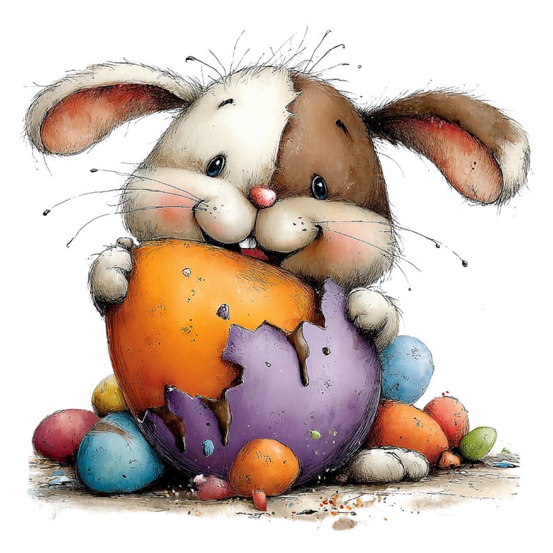 May include: A watercolor illustration of a cartoon bunny holding a cracked orange and purple Easter egg. The bunny has brown and white fur, pink cheeks, and a red nose. Several colorful eggs are scattered around the base.