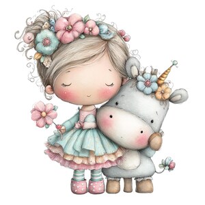 Puede incluir: Ilustraci&oacute;n en acuarela de una ni&ntilde;a y un unicornio. La ni&ntilde;a lleva un vestido azul con detalles rosas y una corona floral. El unicornio es gris con un cuerno dorado y detalles florales. La imagen tiene un estilo suave y caprichoso.
