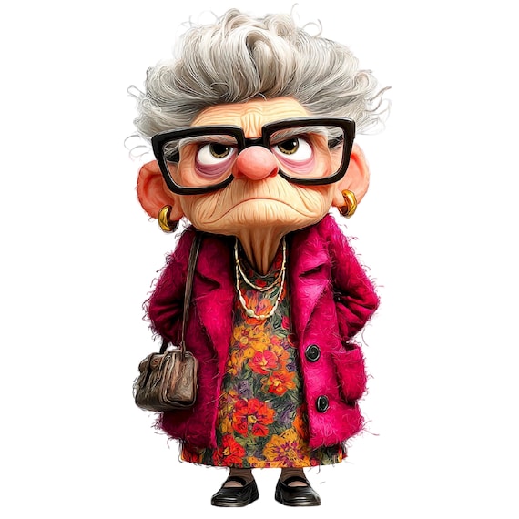old cartoon lady with red dress Grumpy Clipart: Quirky Elderly Woman PNG Set 39 PNG ivory lace