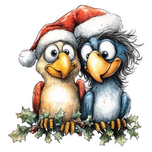 K&ouml;nnte beinhalten: Eine skurrile Illustration von zwei Cartoon-V&ouml;geln, einem beigen und einem blauen, die auf einem Stechpalmenzweig sitzen. Beide V&ouml;gel tragen Weihnachtsm&uuml;tzen und haben gro&szlig;e Augen und gelbe Schn&auml;bel. Das Bild hat ein festliches Weihnachtsthema.