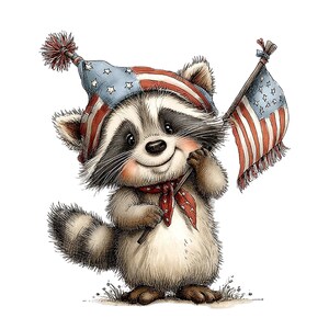 Puede incluir: Ilustraci&oacute;n de dibujos animados de un mapache con sombrero y bufanda al estilo de la bandera estadounidense, sosteniendo una peque&ntilde;a bandera. El sombrero y la bandera presentan el dise&ntilde;o de la bandera estadounidense con rayas rojas y blancas y azul con estrellas blancas. El mapache est&aacute; sonriendo.
