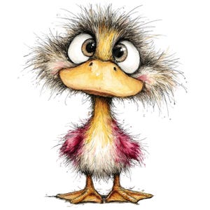 May include: A whimsical illustration of a duckling with large, expressive eyes and a prominent yellow beak. The duckling has fluffy, brown and tan feathers, with a splash of pink on its chest. Its webbed feet are orange.