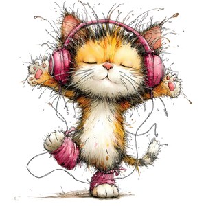 May include: A whimsical illustration of a cat wearing pink headphones, eyes closed in bliss. The orange, white, and brown cat is standing on one leg with its arms outstretched. Pink bandages wrap its paws. The image has a watercolor style.