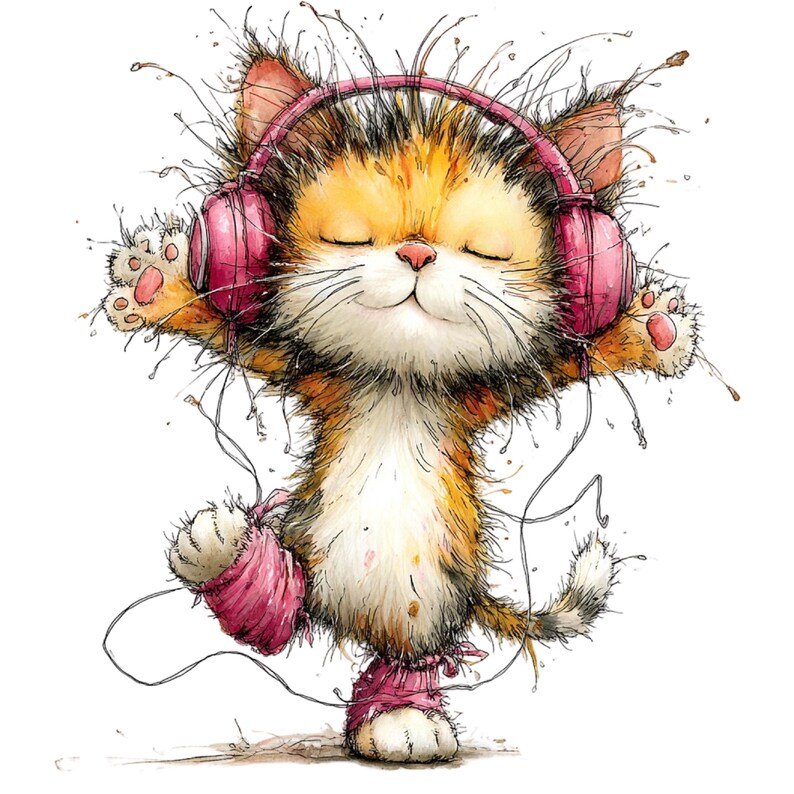 May include: A whimsical illustration of a cat wearing pink headphones, eyes closed in bliss. The orange, white, and brown cat is standing on one leg with its arms outstretched. Pink bandages wrap its paws. The image has a watercolor style.