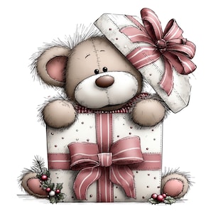 May include: A cute teddy bear peeks out of a white gift box adorned with a pink ribbon and bow. The box has a polka dot pattern and pink stripes. The bear is light brown with a red and white scarf.