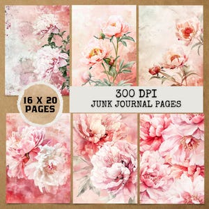 8 JPG Vintage Pink Peony Flowers Journal Pages,Digital Download,Junk journal kit,Digital papers,Junk Journal Papers,Journal Paper Pack