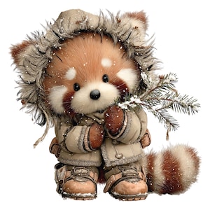 Op de afbeelding: Een schattige cartoon rode panda die een winterjas draagt met een met bont gevoerde capuchon en laarzen. De rode panda houdt een takje dennen vast en is bedekt met sneeuwvlokken. De rode panda heeft een pluizige staart en staat tegen een witte achtergrond.