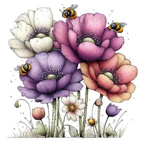 May include: Watercolor illustration of colorful flowers with bees. The image features large, detailed blooms in shades of white, purple, pink, and orange. Several small bees are perched on the flowers. The flowers have green stems and are set against a white background.