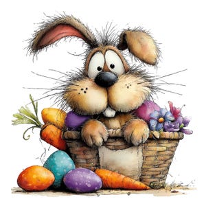 May include: A cartoon illustration of a brown Easter bunny peeking over a wicker basket filled with colorful Easter eggs, carrots, and flowers. The bunny has large eyes and long whiskers, with a surprised expression.
