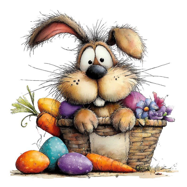 May include: A cartoon illustration of a brown Easter bunny peeking over a wicker basket filled with colorful Easter eggs, carrots, and flowers. The bunny has large eyes and long whiskers, with a surprised expression.