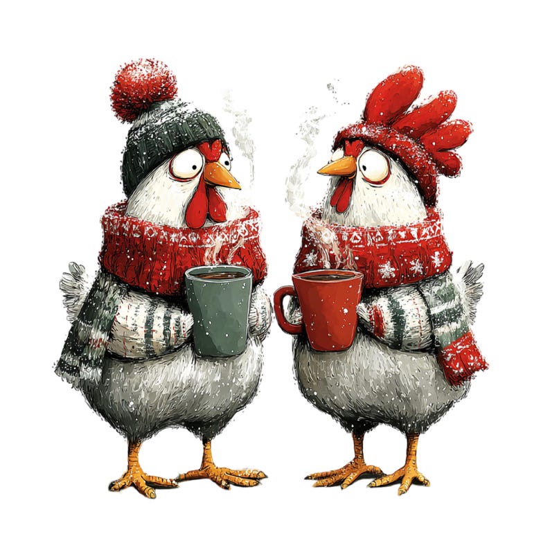 May include: An illustration of two chickens wearing winter hats and scarves, holding mugs of hot beverages. One chicken wears a green and gray hat and scarf, the other a red hat and scarf. Both have red combs and beaks.