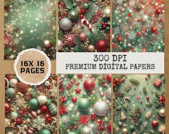 30 Green & Red Christmas Digital Papers,Junk Journal Papers,Printable Junk Journal,Commercial Use Clipart,Christmas Digital Papers