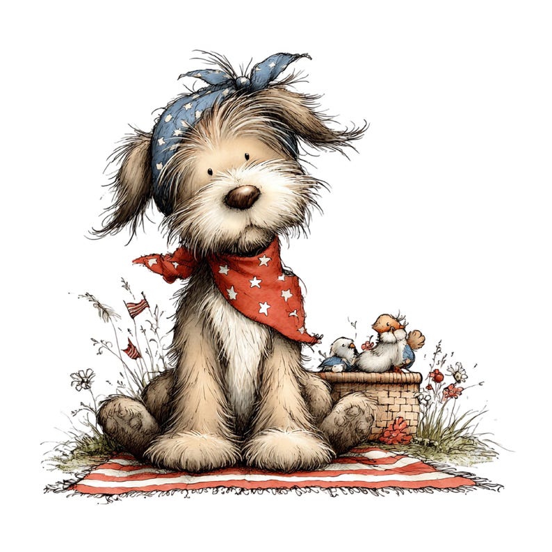 Puede incluir: Ilustraci&oacute;n de un perro con una bandana azul con estrellas blancas y una bandana roja con estrellas blancas. El perro est&aacute; sentado sobre una manta a rayas rojas y blancas, con peque&ntilde;os p&aacute;jaros y flores cerca. La imagen tiene un tema patri&oacute;tico.