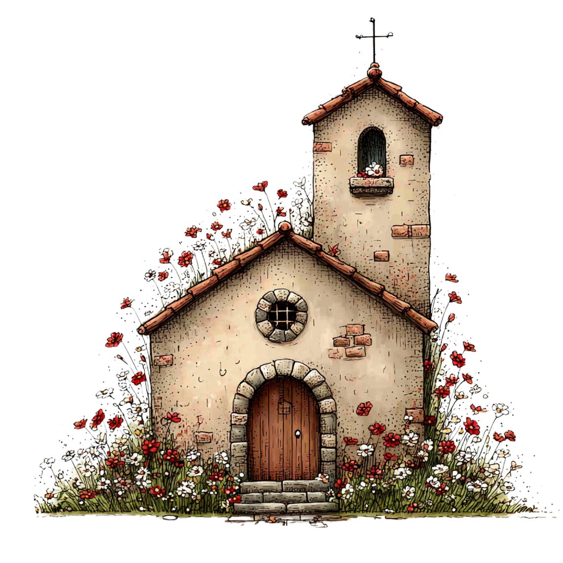May include: Watercolor illustration of a small church with a cross on top. The beige building has a brown tile roof, a wooden door, and a round window. Red and white flowers grow around the church.