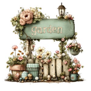 Könnte beinhalten: Eine skurrile Gartenszene mit einem verwitterten Schild mit der Aufschrift "garden" in einem sanften Grünton. Die Szene umfasst einen weißen Lattenzaun, Blumentöpfe und Hängekörbe voller Blumen. Eine Vintage-Laterne befindet sich über dem Schild.