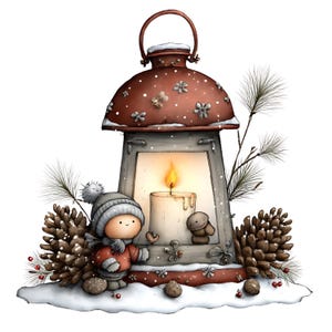 May include: A festive illustration of a winter scene featuring a red lantern with a lit candle inside. A cute character in a winter hat and coat stands beside the lantern, surrounded by pinecones, snow, and sprigs of pine. The lantern has a handle.