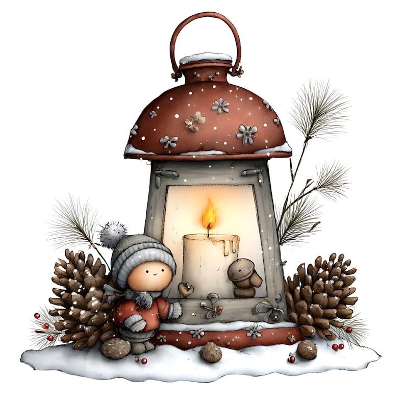 May include: A festive illustration of a winter scene featuring a red lantern with a lit candle inside. A cute character in a winter hat and coat stands beside the lantern, surrounded by pinecones, snow, and sprigs of pine. The lantern has a handle.