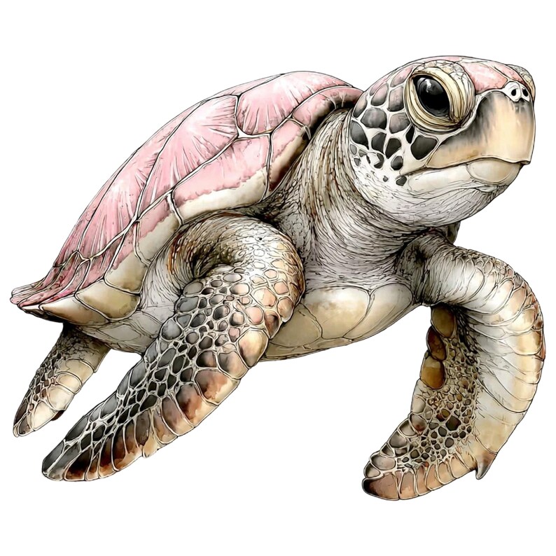 May include: A detailed illustration of a sea turtle with a pink and beige shell. The turtle's head and limbs are a mix of beige and gray, with dark spots. The artwork has a realistic style, showcasing the turtle's texture and form.