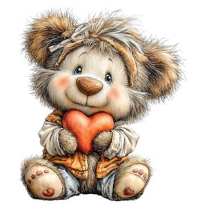 Peut inclure: Un personnage de dessin animé mignon avec une fourrure marron clair et duveteuse et un nez en forme de cœur. Le personnage porte une chemise blanche, un gilet marron et un pantalon bleu, tenant un cœur rouge. Il a une expression douce et des joues roses.