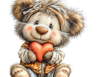 May include: A cute cartoon character with a fluffy, light brown fur and a heart-shaped nose. The character is wearing a white shirt, a brown vest, and blue pants, and is holding a red heart. The character has a sweet expression and rosy cheeks.