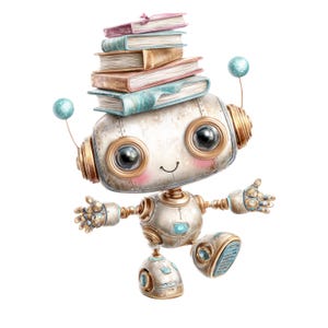 以下が含まれることがあります： 本を頭に乗せた、愛らしいロボットのイラスト。ロボットは白を基調とし、金色のアクセント、大きな目、笑顔が特徴です。頭からは2つの青い球体が伸びています。本は様々な色で描かれています。