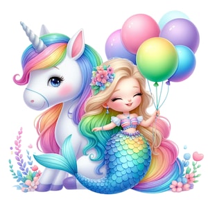 May include: A whimsical illustration features a white unicorn with a rainbow mane and tail, alongside a smiling mermaid holding colorful balloons. The mermaid has blonde hair and a rainbow-colored tail, with floral accents. The overall theme is fantasy and celebration.