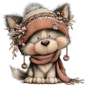 Op de afbeelding: Een schattige cartoonhond illustratie met een wintermuts en sjaal. De hoed is een stoffige roze kleur met een bontrand en decoratieve takjes. De sjaal heeft een bijpassende stoffige roze kleur. De hond heeft een pluizige, lichtgrijze en witte vacht.