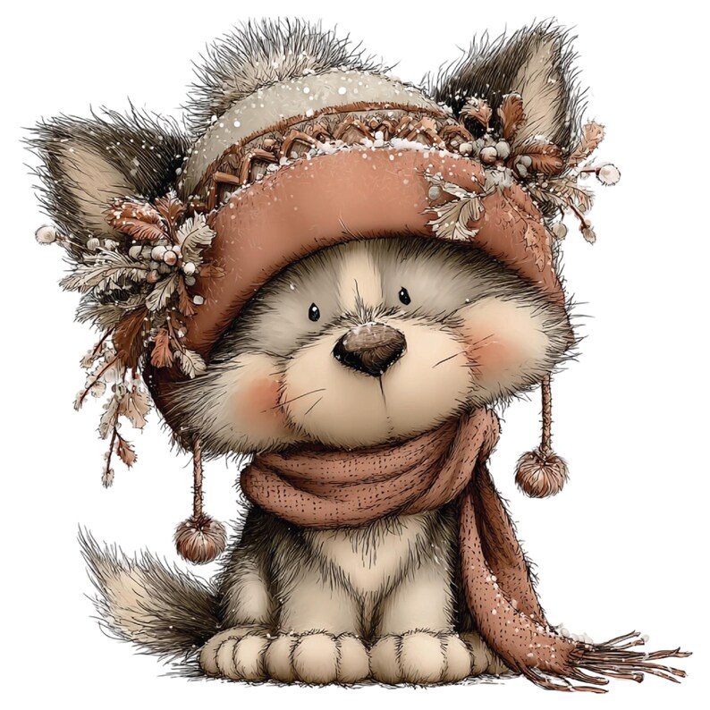 Op de afbeelding: Een schattige cartoonhond illustratie met een wintermuts en sjaal. De hoed is een stoffige roze kleur met een bontrand en decoratieve takjes. De sjaal heeft een bijpassende stoffige roze kleur. De hond heeft een pluizige, lichtgrijze en witte vacht.